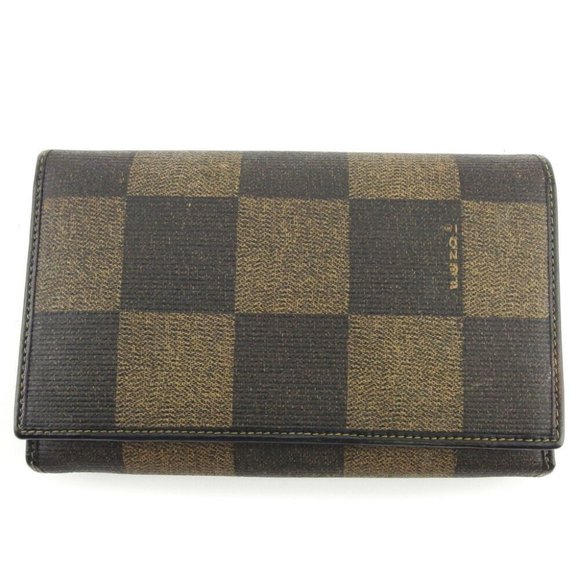 Authentic FENDI L-shaped zipper purse block check beige PVC ~ leather Auth used - Picture 1 of 9
